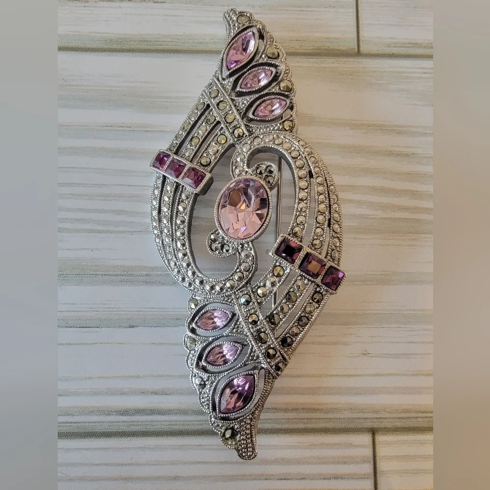 Vintage Pink Rhinestone Marcasite Style Brooch Art Deco Revival